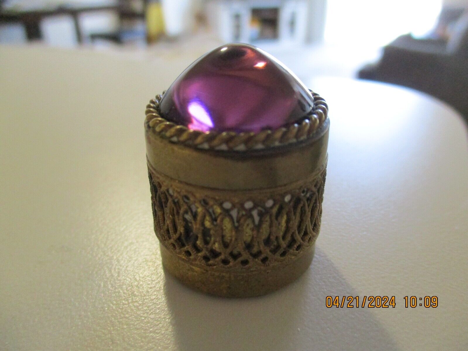 Vintage Austria Pill Box Trinket Ring Box Filigree Purple Gem Stone
