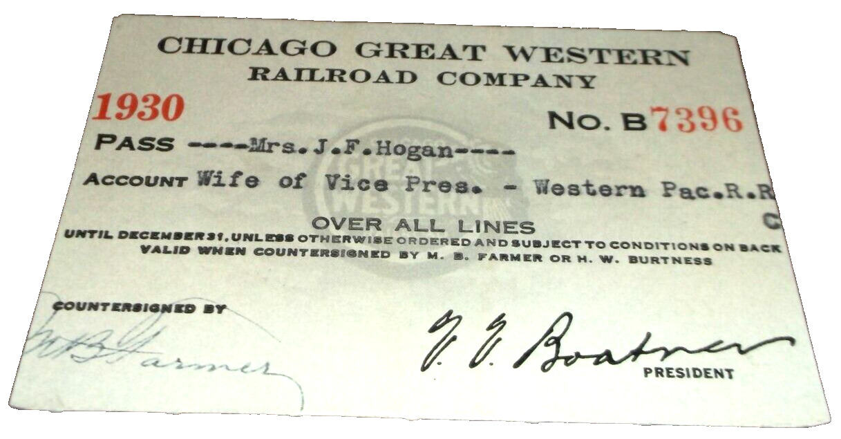 1930 CHICAGO GREAT WESTERN RAILWAY CGW EMPLOYEE PASS #7396