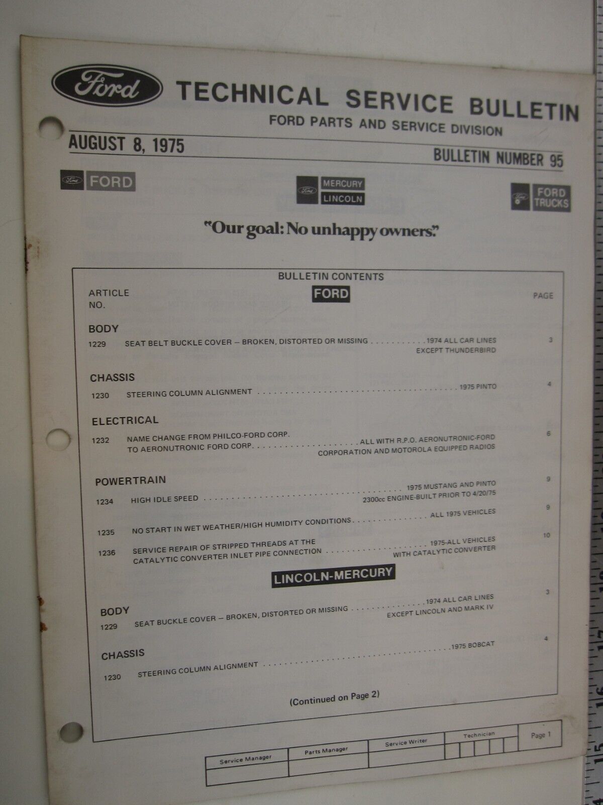 August 8, 1975 FORD Technical Service Bulletin Number 95  BIS