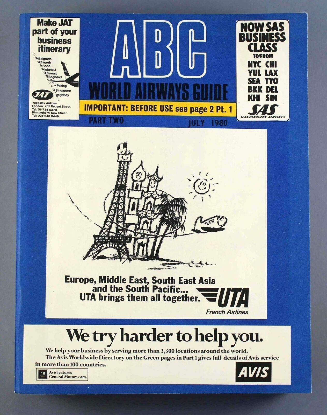 ABC WORLD AIRWAYS GUIDE JULY 1980 AIRLINE TIMETABLE PART TWO BLUE BOOK UTA KLM