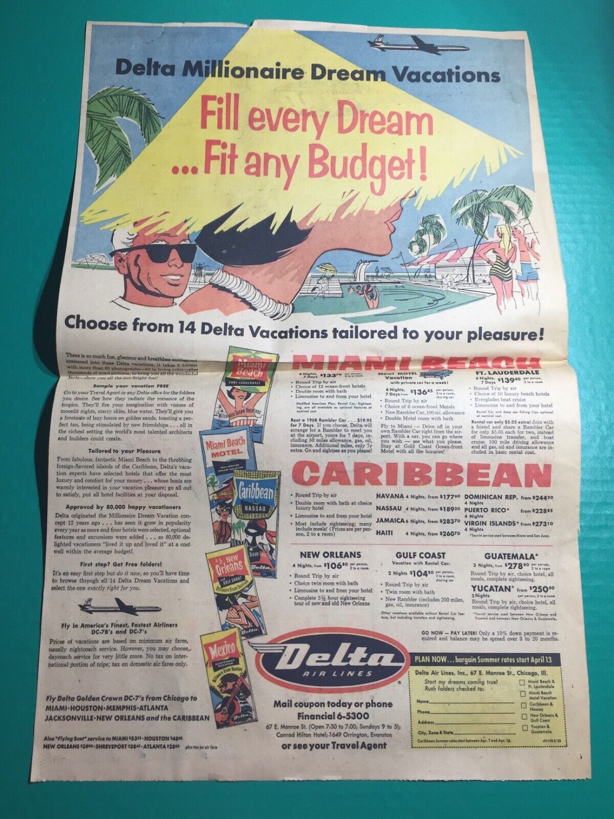 1958 Delta Air Lines airplane print ad Chicago Tribune “Caribbean” Travel 23x15”