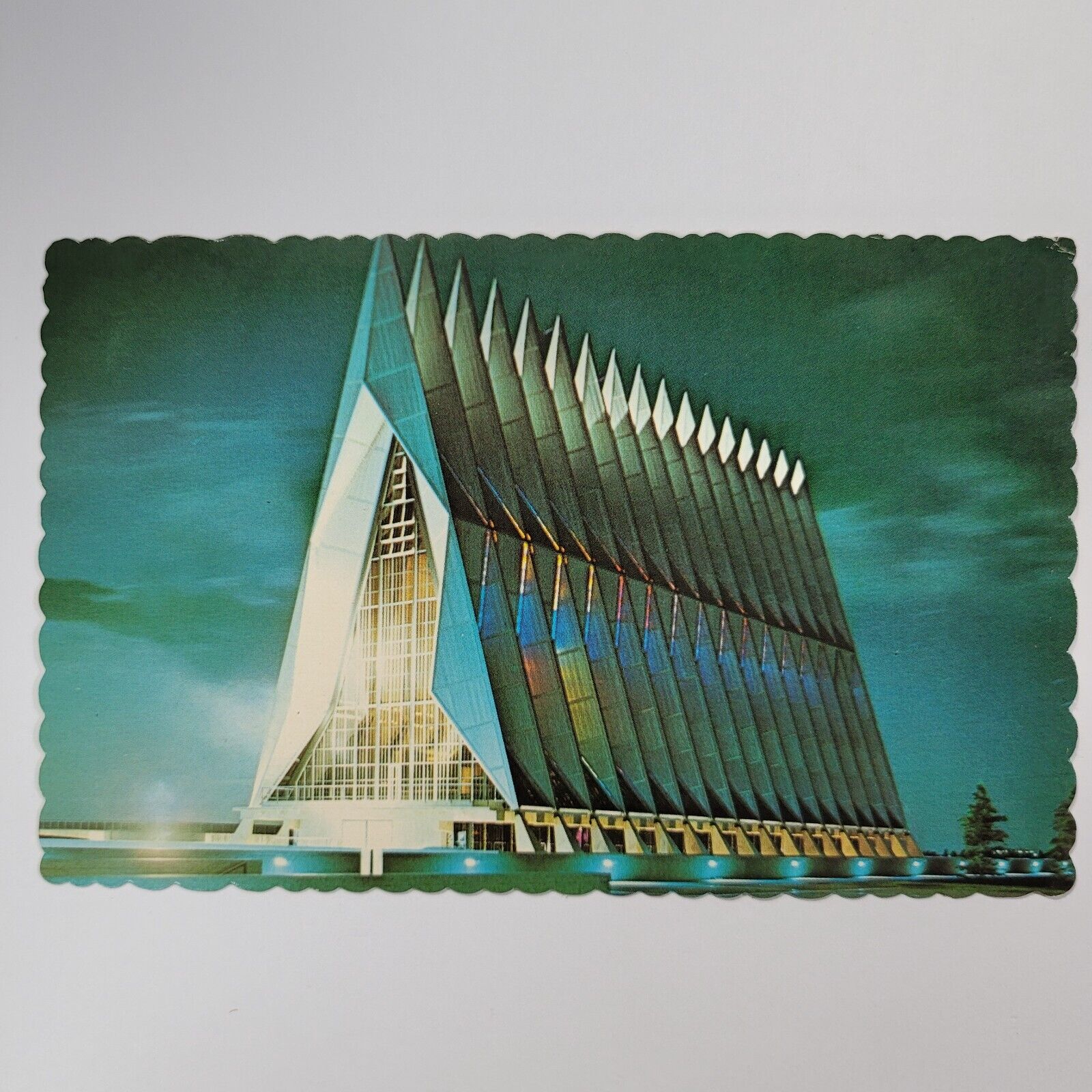 US Air Force Academy The Cadet Chapel At Night Postcard Colorado Vintage