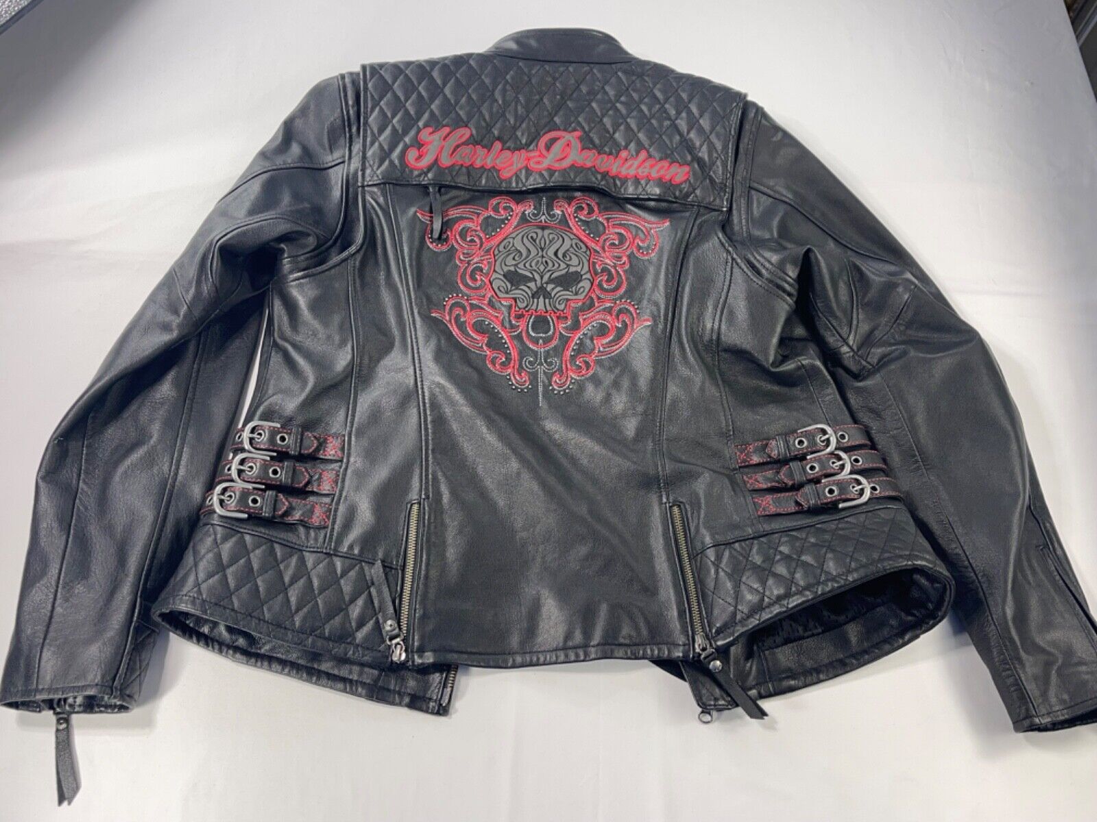 Harley Davidson Scroll Skull Leather Jacket Size Large Embrodiered Buckles Biker