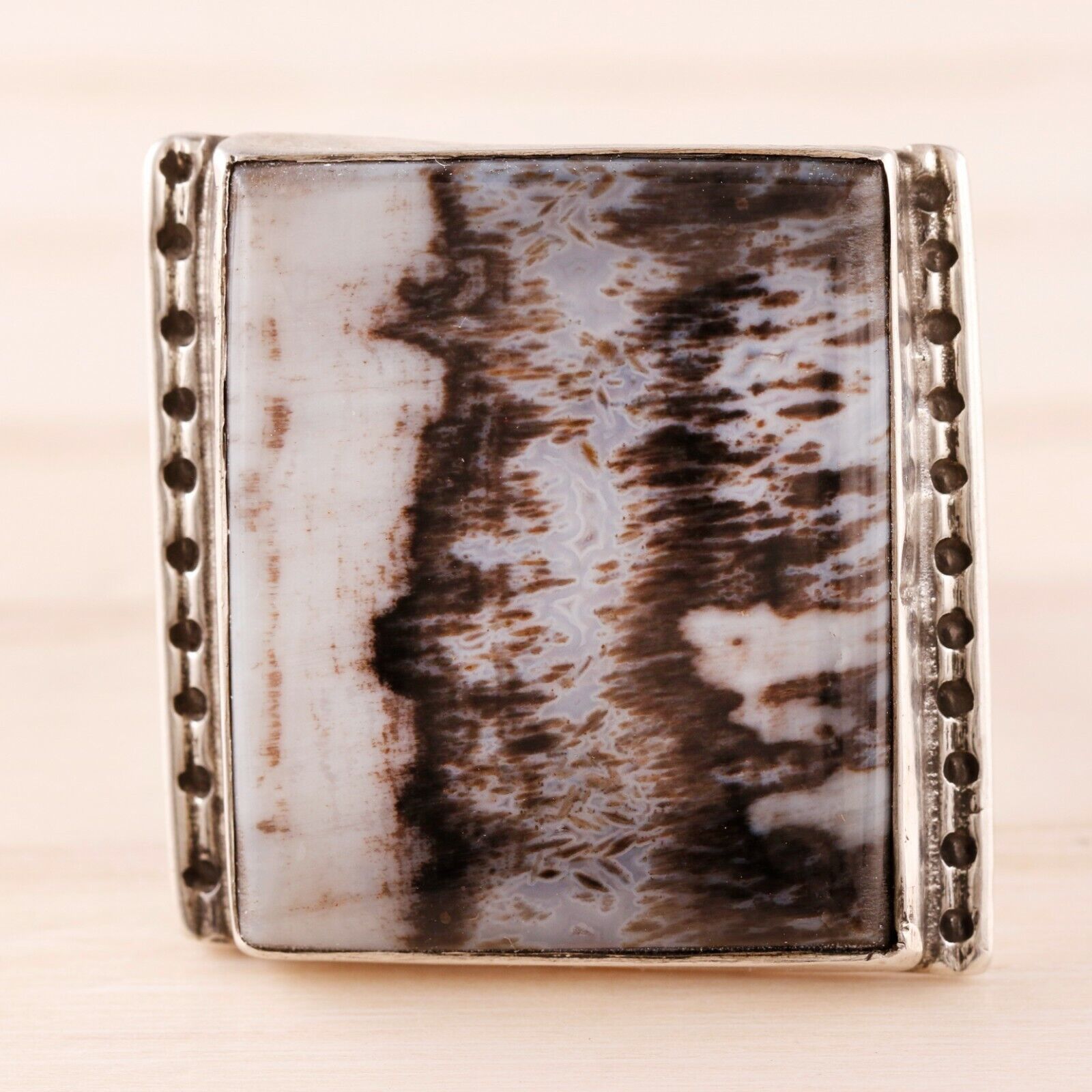 LARGE OLD PAWN STERLING SILVER PETRIFIED WOOD SQUARE RING SIZE 7.75