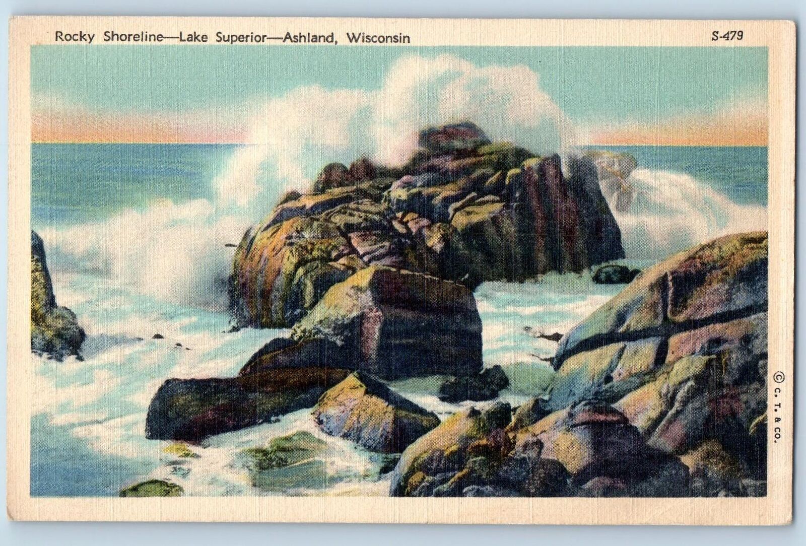 Ashland Wisconsin WI Postcard Rocky Shoreline Lake Superior View c1940's Vintage