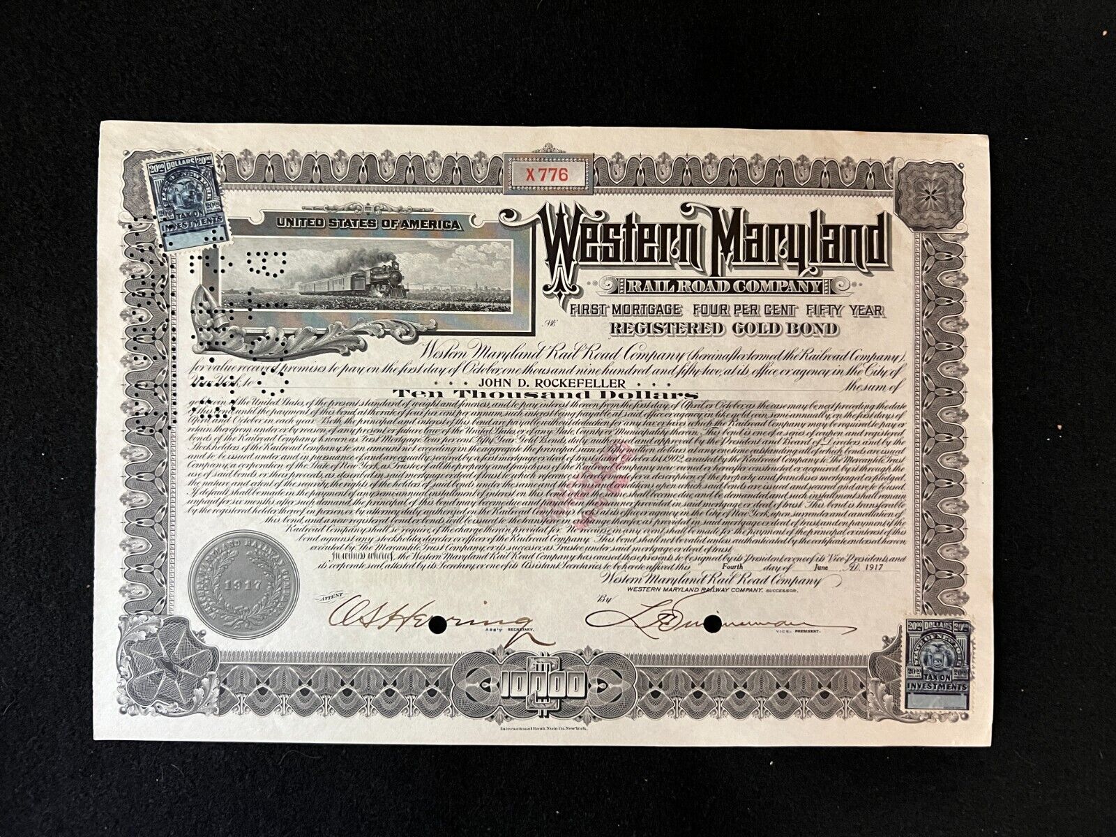 1917 Western Maryland Railroad Company Gold Bond Issued to John D. Rockefeller