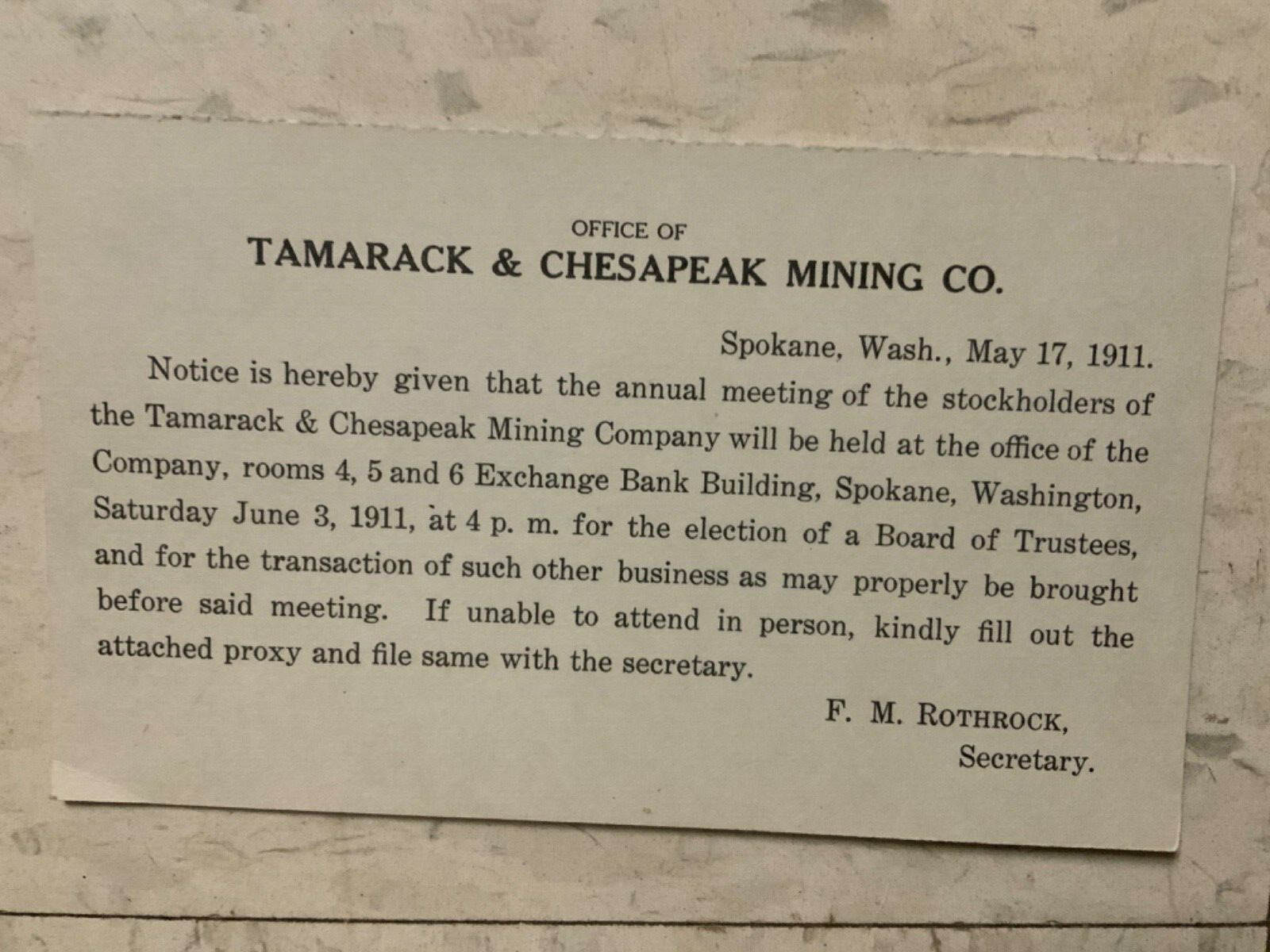 1911 Tamarack & Chesapeak Mining Co Spokane Wa Shareholder Notice annual meeting