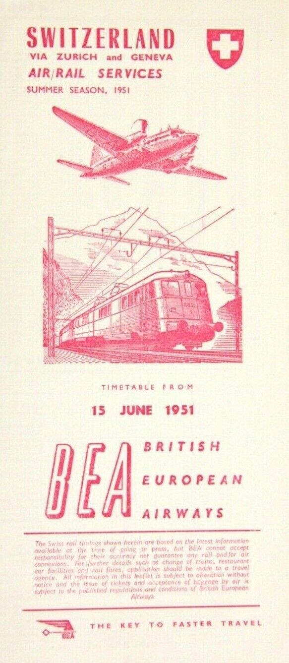 BRITISH EUROPEAN AIRWAYS (AIR/RAIL) TIMETABLE SCHEDULE - JUNE 1951