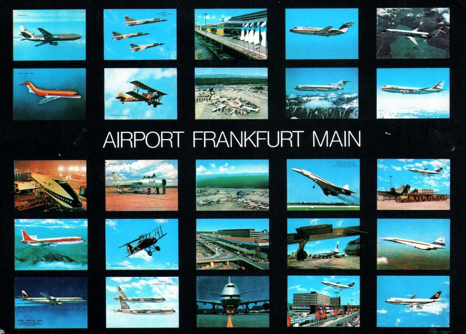 VINTAGE CONTINENTAL SIZE POSTCARD KALEIDOSCOPE OF AIRPORT FRANKFURT MAIN GERMANY