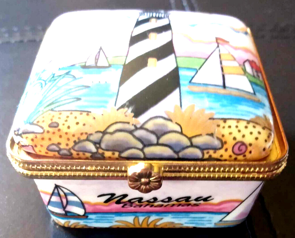 Vintage Agiftcorp Beautiful Trinket Box Clipper Ship Lighthouse Nassau Bahamas