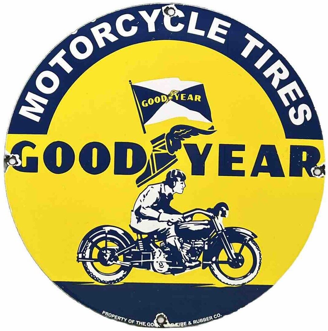 VINTAGE GOOD YEAR MOTORCYCLE TIRES PORCELAIN SIGN GAS OIL CONTINENTAL MICHELIN