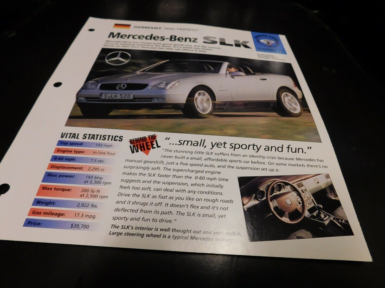 1996+ Mercedes Benz SLK Spec Sheet Brochure Photo Poster 