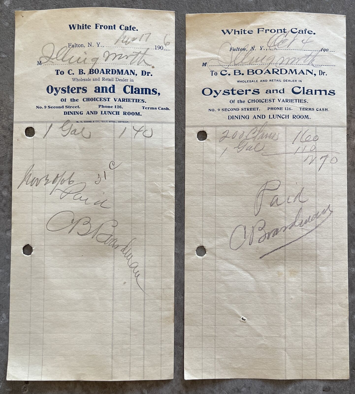 1906 Original Billhead Oysters Clams White Front Cafe Fulton New York Receipt x2
