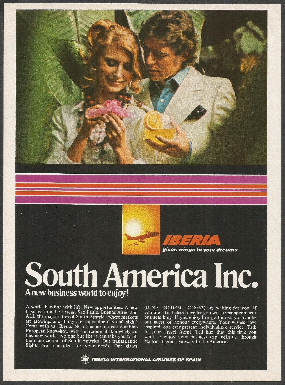 IBERIA INTERNATIONAL AIRLINES OF SPAIN-South America Inc.- 1974 Vintage Print Ad