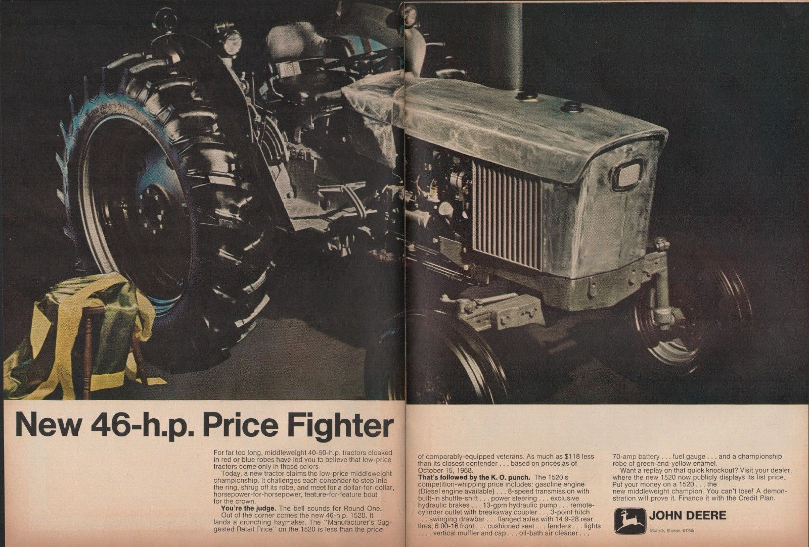 1969 2pg Print Ad of John Deere 1520 Farm Tractor price fighter