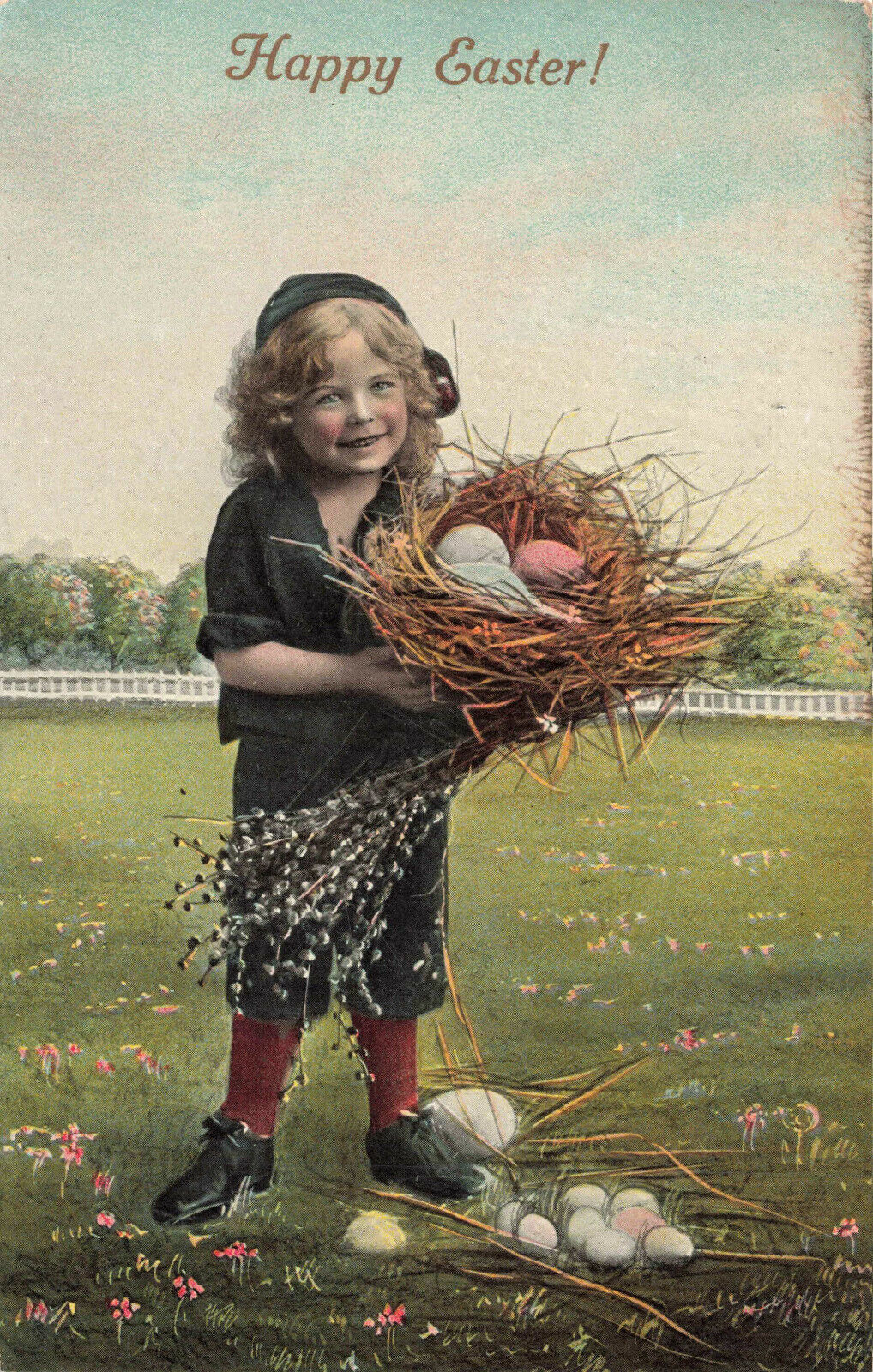 LOVELY VINTAGE EASTER POSTCARD LITTLE GIRL WITH NEST FULL OF EGGS 1914 020122 R