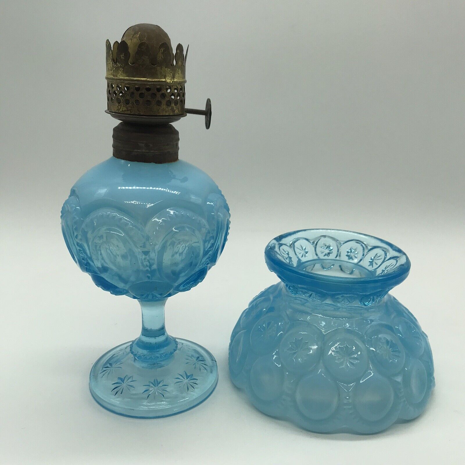SET OF 2 MOON & STAR MINIATURE OIL LAMP & SHADES LG WRIGHT OPALESCENT 1950s