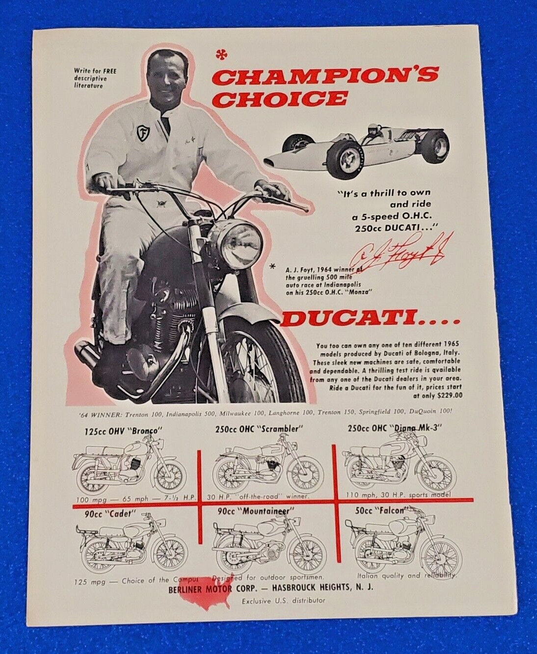 1965 DUCATI MOTORCYCLE PRODUCT LINE A.J. FOYT ENDORSEMENT ORIGINAL PRINT AD S24