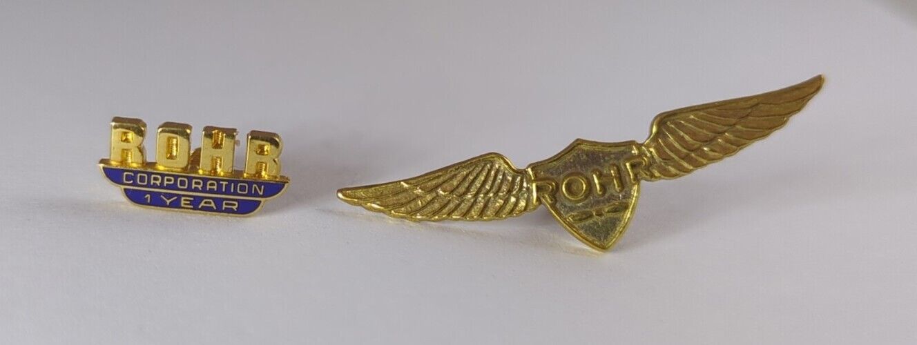 Vtg ROHR Aircraft Shield with Wings & 1 year Service Screwback Lapel Pin Set