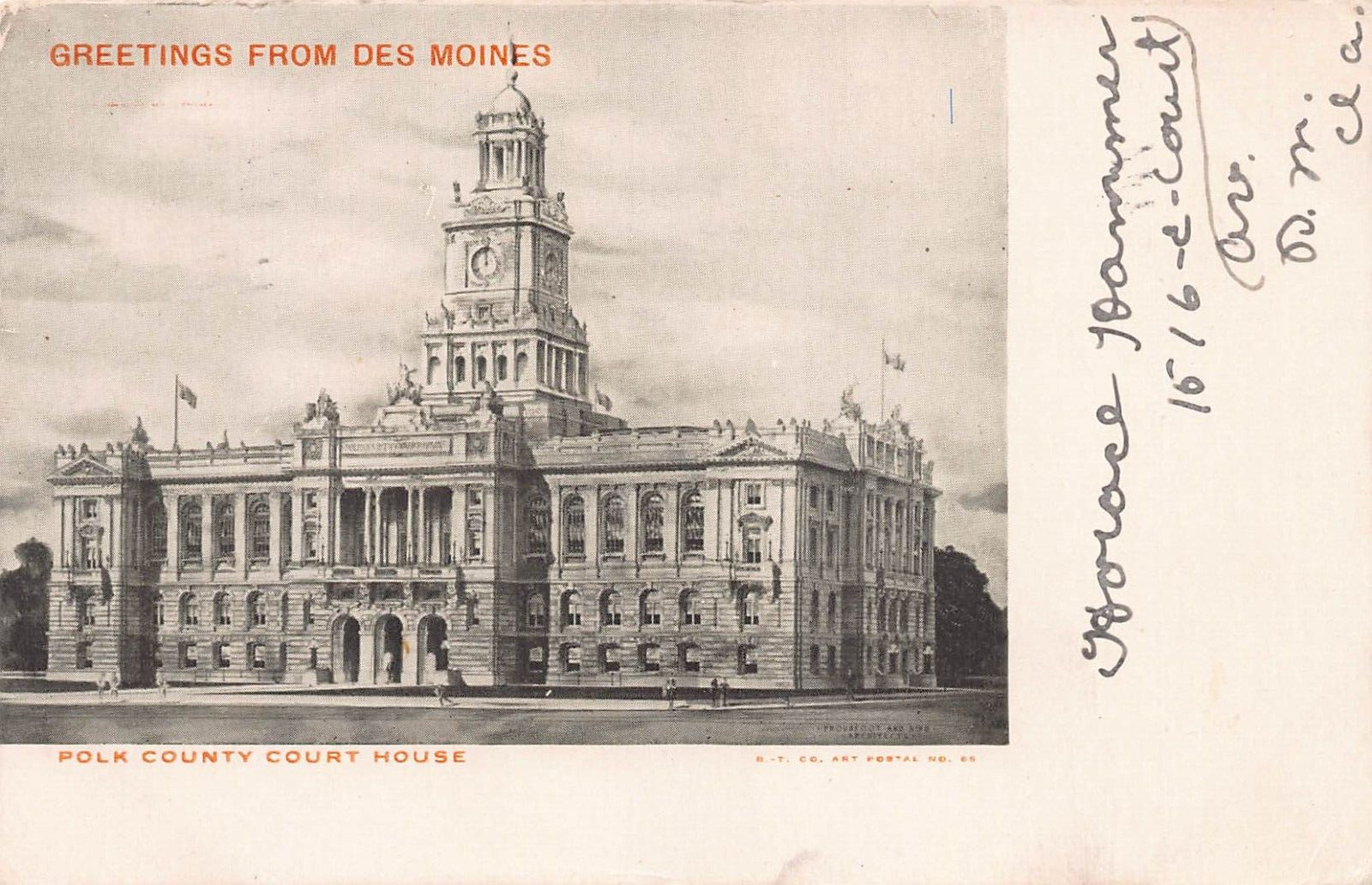 Polk County Court House, Des Moines, Iowa, Early Postcard, Used