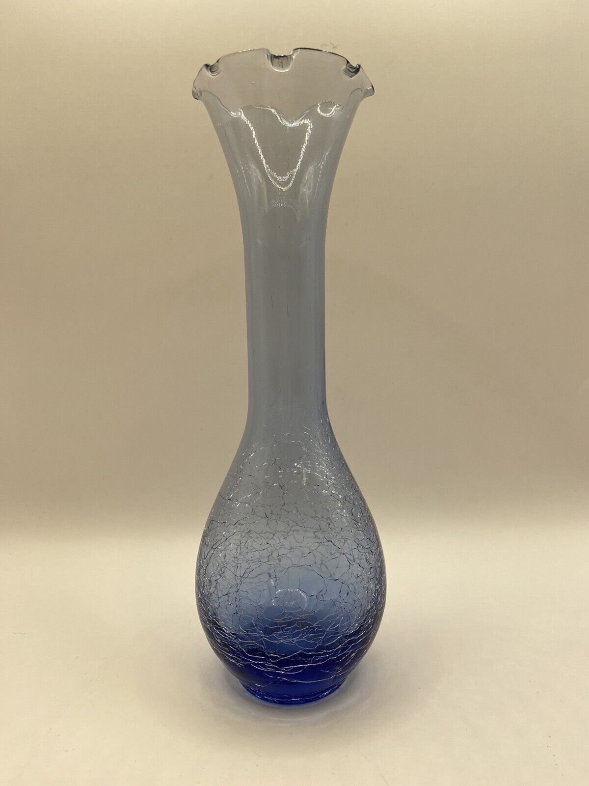 Vintage Cobalt Blue Crackle Glass Base Vase Scalloped Ruffle Top 7.75”