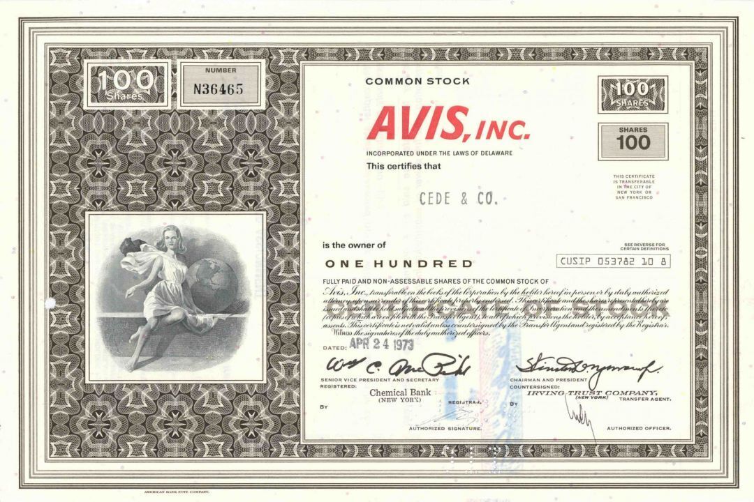 Avis, Inc - 1970\'s dated Car Rental Company Stock Certificate - Owner of Zipcar 