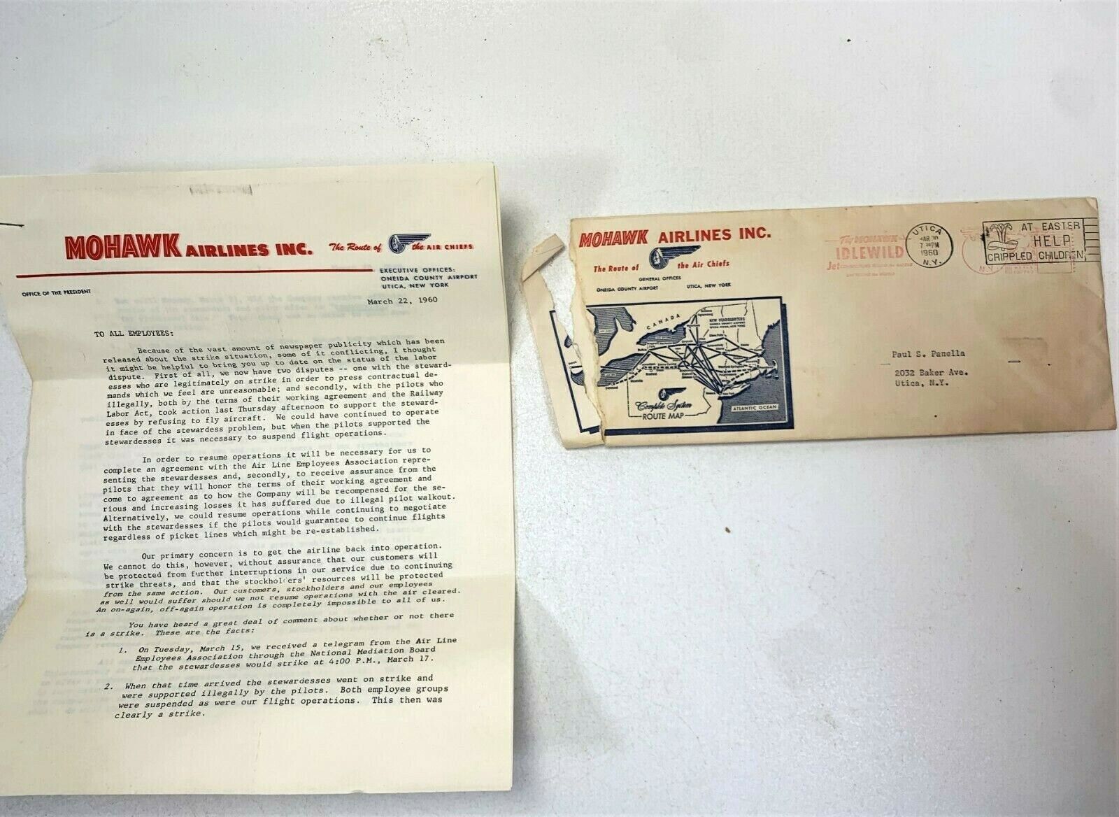 Vintage 1960 MOHAWK AIRLINES Original Company Letter to Employees During Strike