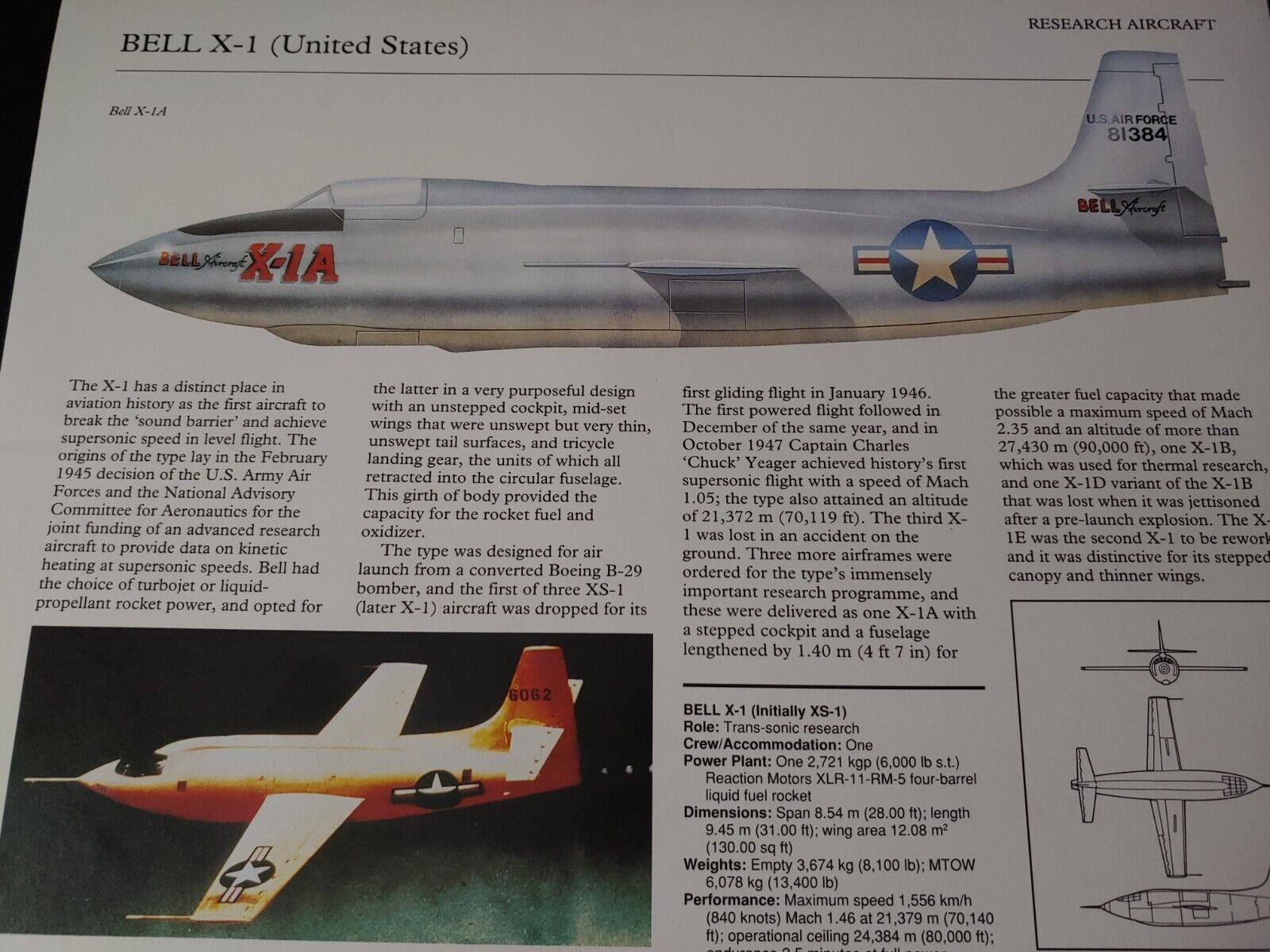UNIQUE ~ Bell X-1 Military Aircraft Profile Data Print ~ AWESOME