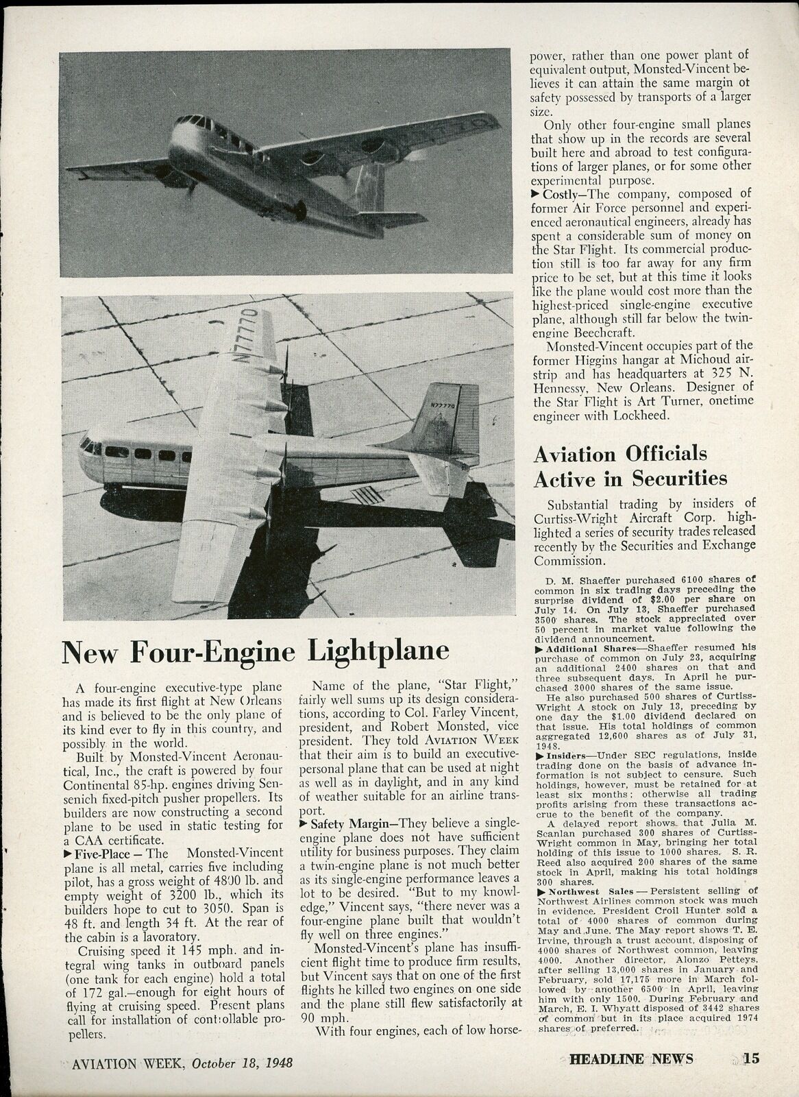 1948 Aviation Article Monsted Vincent Star Flight 4 Engine Light Plane