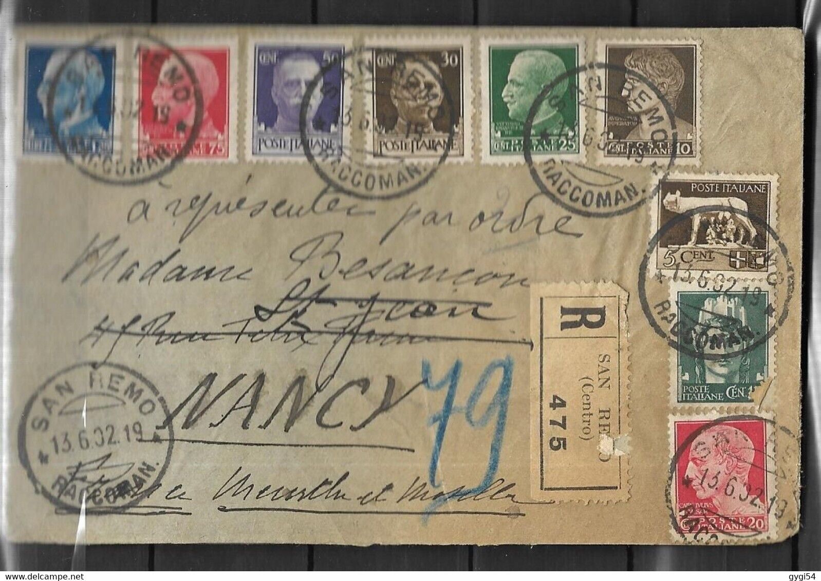 Italy 13 06 1932 San Remo Recommended Letter for Nancy