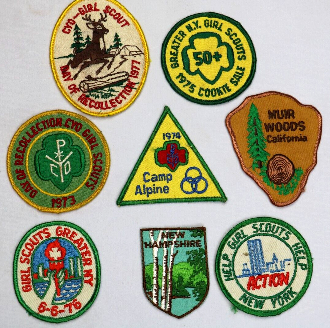 lot 8 Vintage GIRL SCOUT PATCH BADGES 1970's New York, Camp Alpine, California