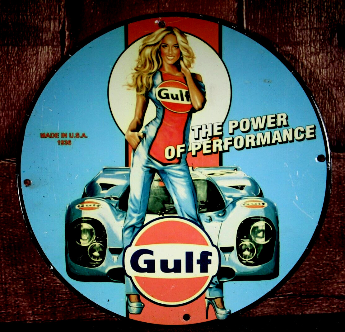 GULF POWER OF PERFORMANCE RACER   PORCELAIN COLLECTIBLE, RUSTIC, ADVERTISING