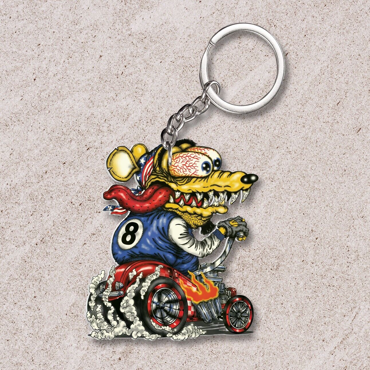 Funny Rat Fink Riding Hot Rod Car Automobile Keychain Key Chain Ornament Decor