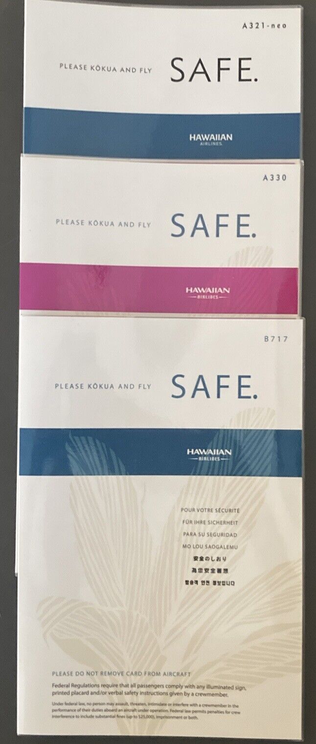 Lot of 3 Hawaiian Airlines Safety Cards A321-neo/A330/B717