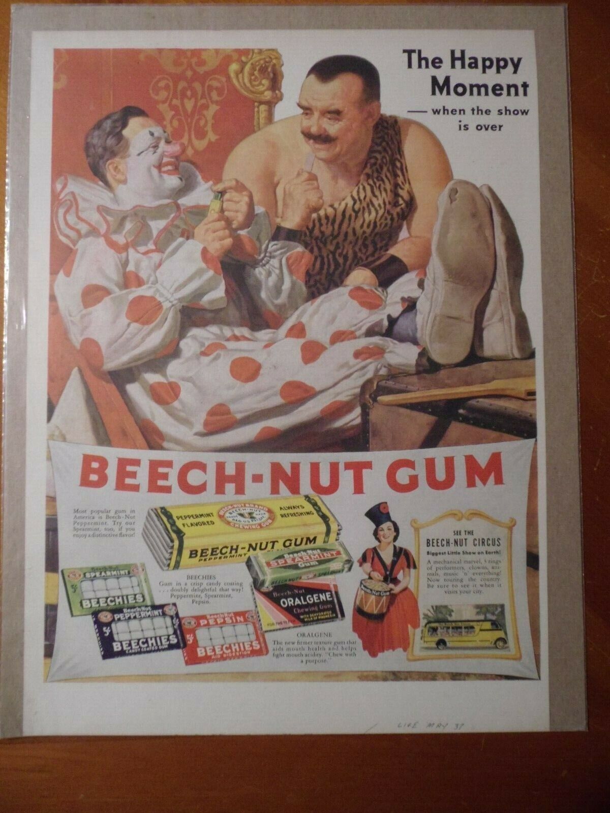 Beech-Nut Gum 1937 PRINT AD FROM MAGAZINE Circus Clown Strongman