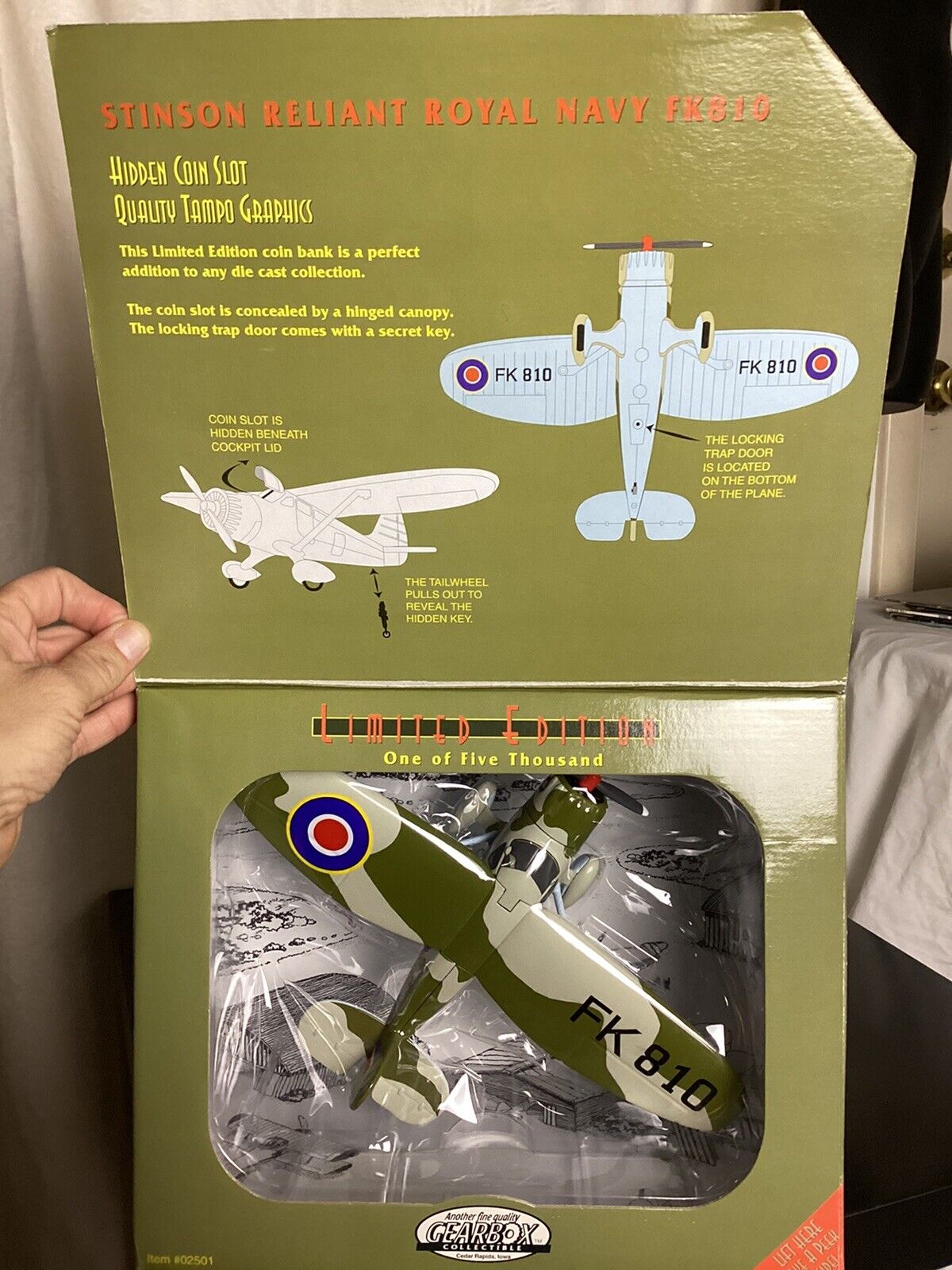 Gearbox Royal Navy FK810 Diecast Air Plane 1/5000 Coin Bank Stinson Reliant NEW