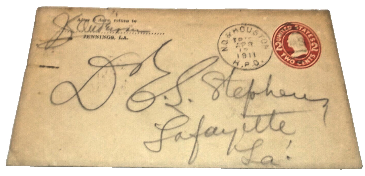 1911 SOUTHERN PACIFIC NEW ORLEANS & HOUSTON TRAIN #15 RPO HANDLED ENVELOPE
