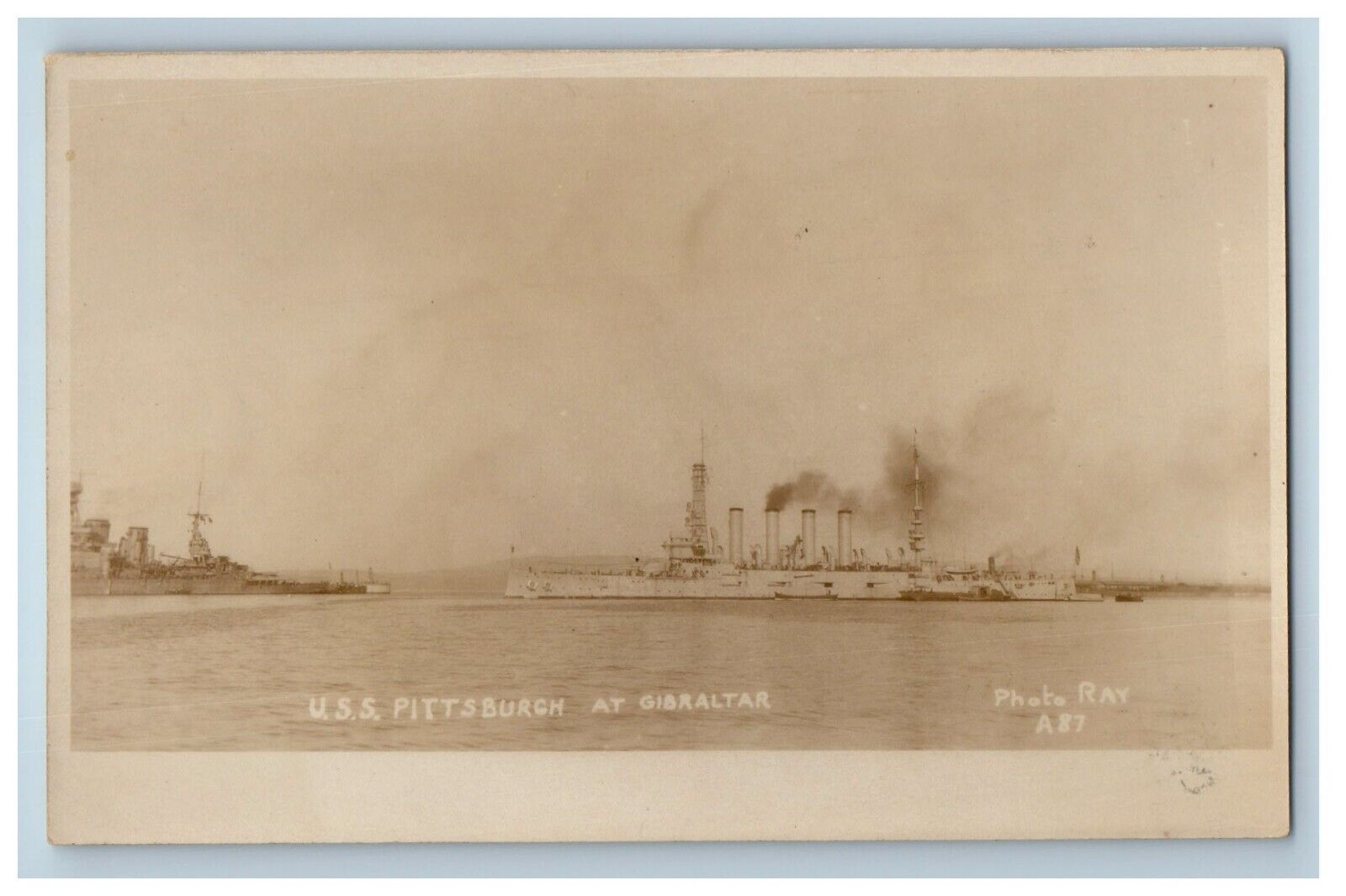 c1920's U.S.S. Pittsburgh At Gibraltar UK, Steamer Ship RPPC Photo Postcard