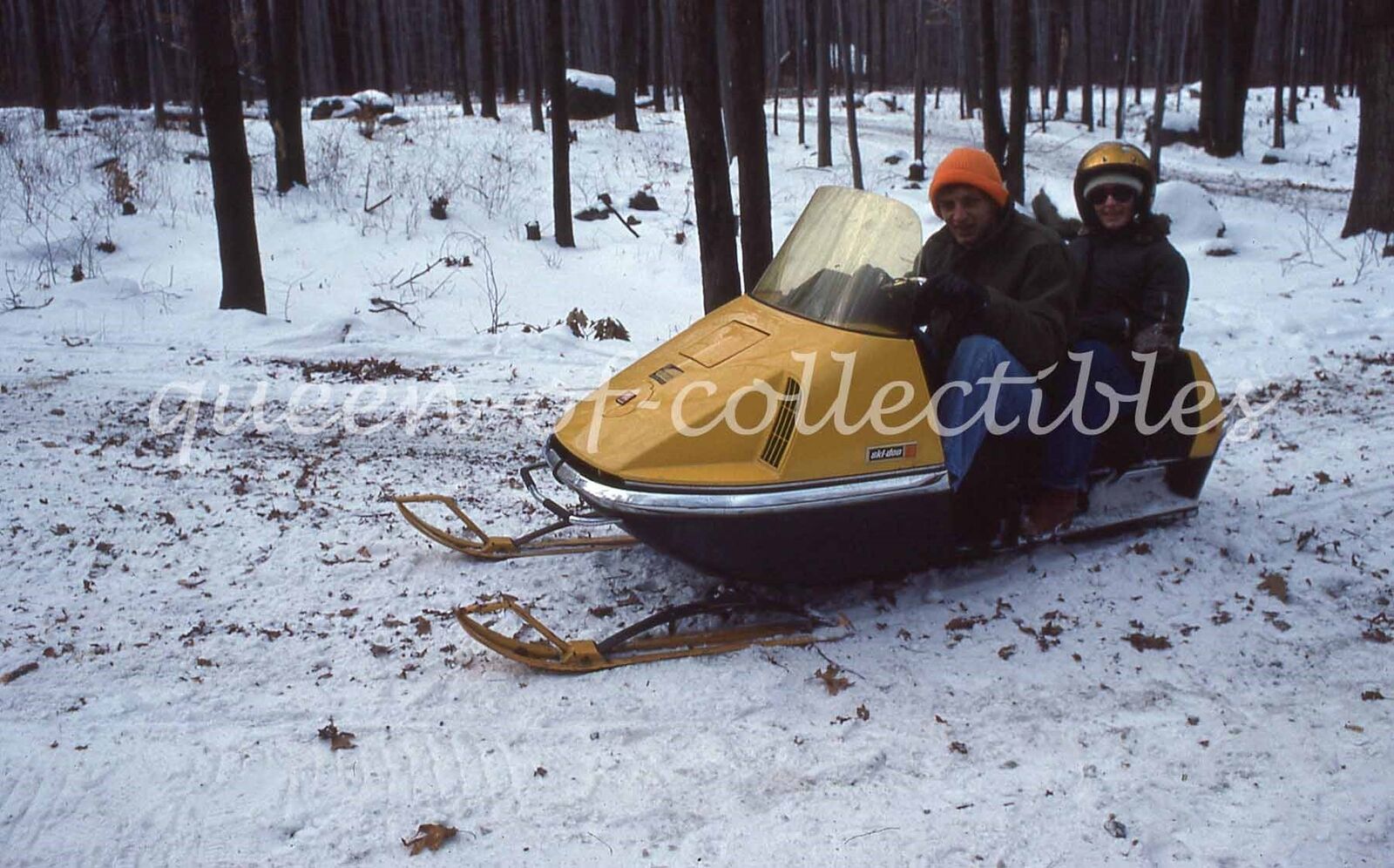 1977 Ski Doo Snowmobile with Riders Bright Yellow Vintage Color Slide