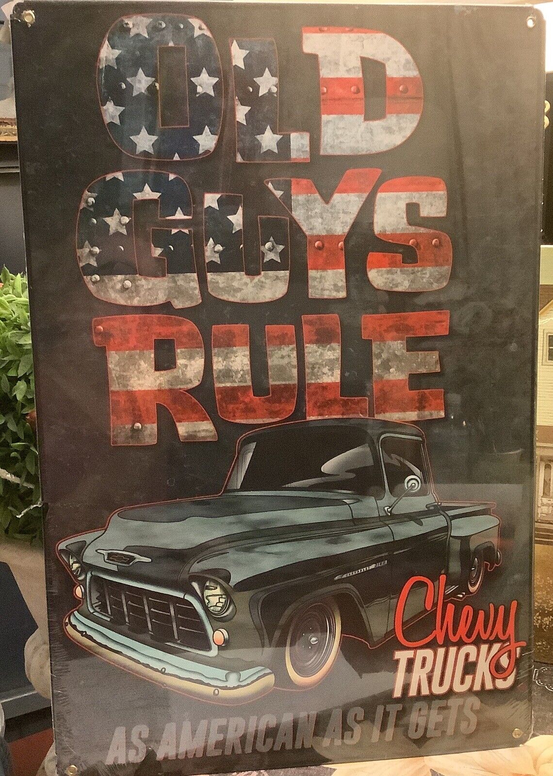 NEW~”Old Guys Rule”~Chevy Trucks~”As American As It Gets”~Metal Sign~17.5”H~NEW