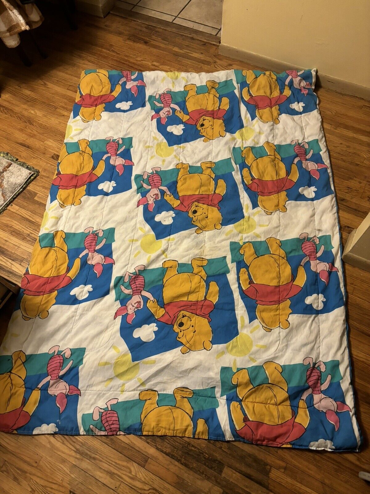 VTG Disney Winnie The Pooh & Piglet Twin Bed Comforter Blue Clouds 61x83 Quilt 