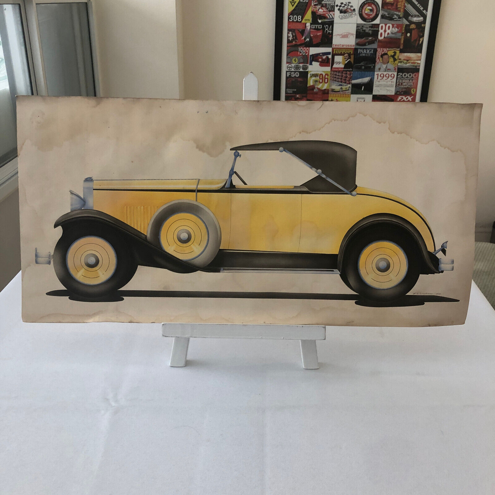 Antique Automobile Car Illustration Art Signed and Dated 1929