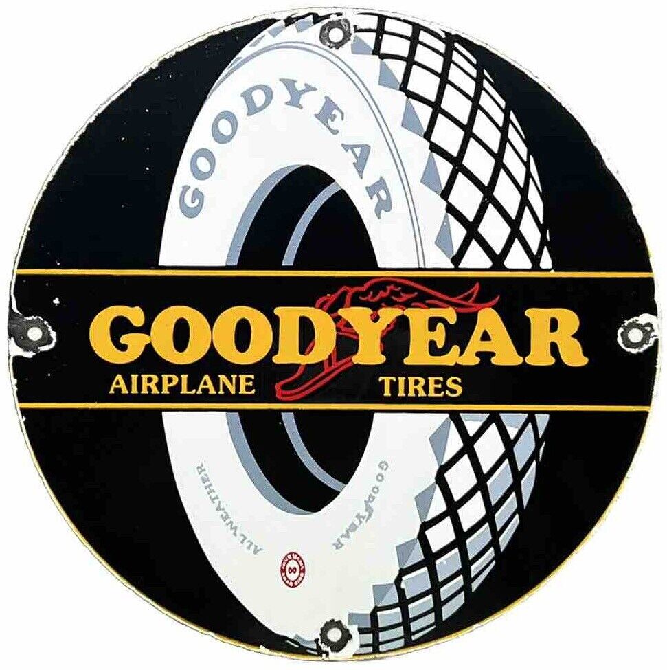 VINTAGE GOODYEAR TIRES PORCELAIN SIGN SALES SERVICE GAS OIL AIRPLANE AVIATION