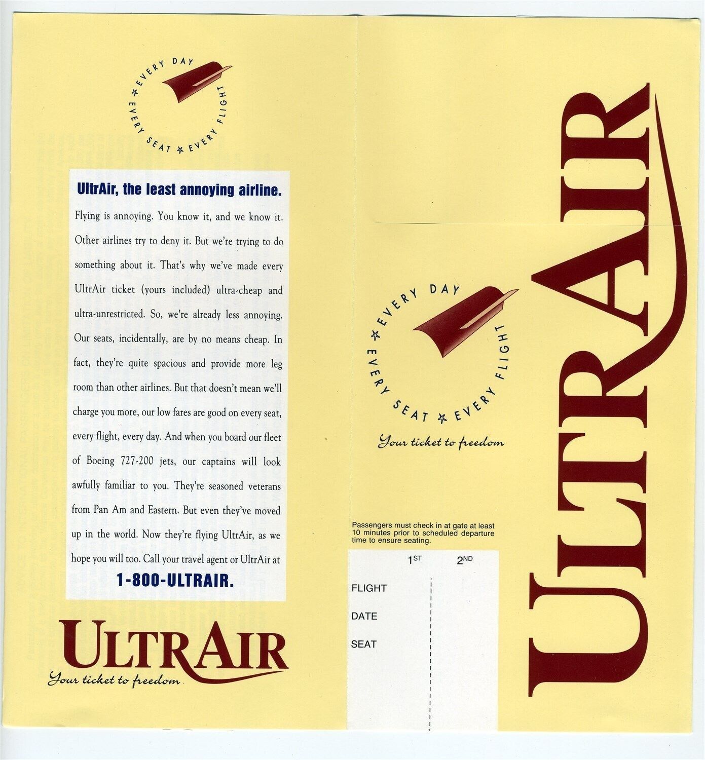  UltrAir Airlines Ticket Jacket Mint Unused 1990\'s Your Ticket to Freedom