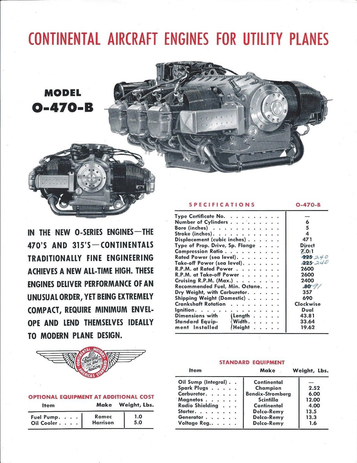 Aircraft Engine Brochure - Continental Motors - O-470-B - c1953 (B517) 