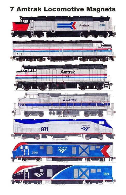 Amtrak Phase I-VII Paint Schemes 7 magnets by Andy Fletcher