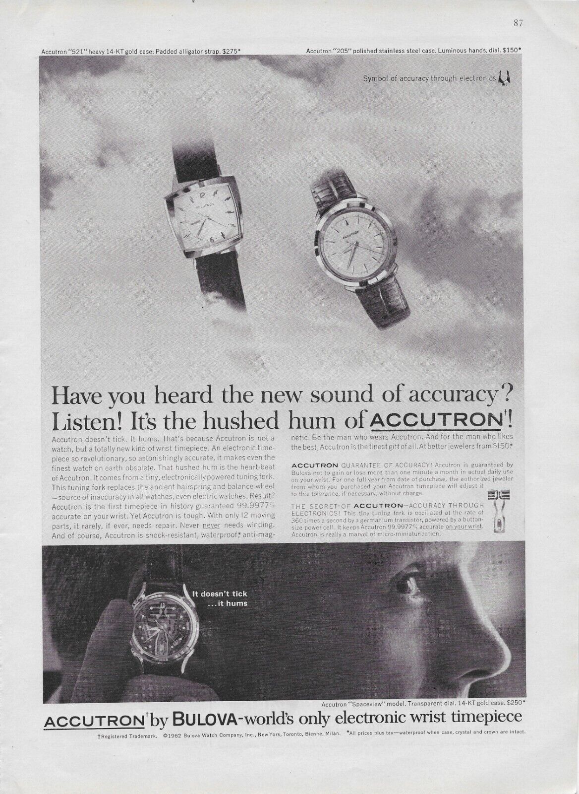 1962 Bulova Accutron World\'s Only Electronic Wrist Timepiece Vintage Print Ad