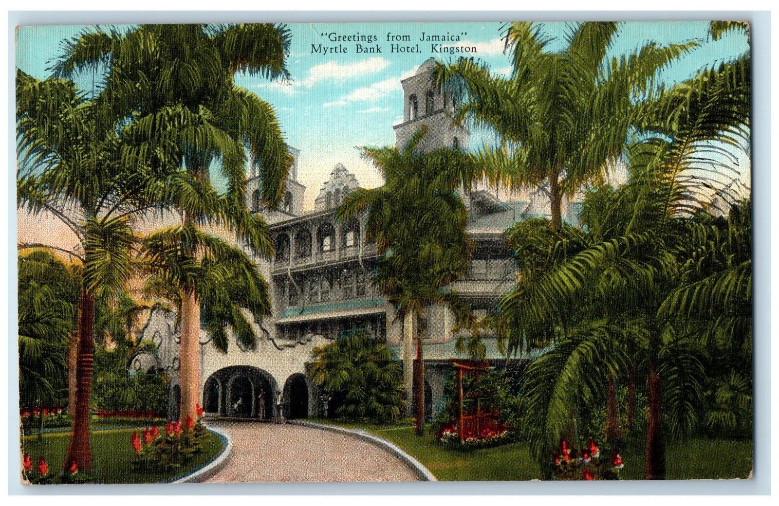 1938 Greetings From Jamaica Myrtle Bank Hotel Kingston Vintage Posted Postcard