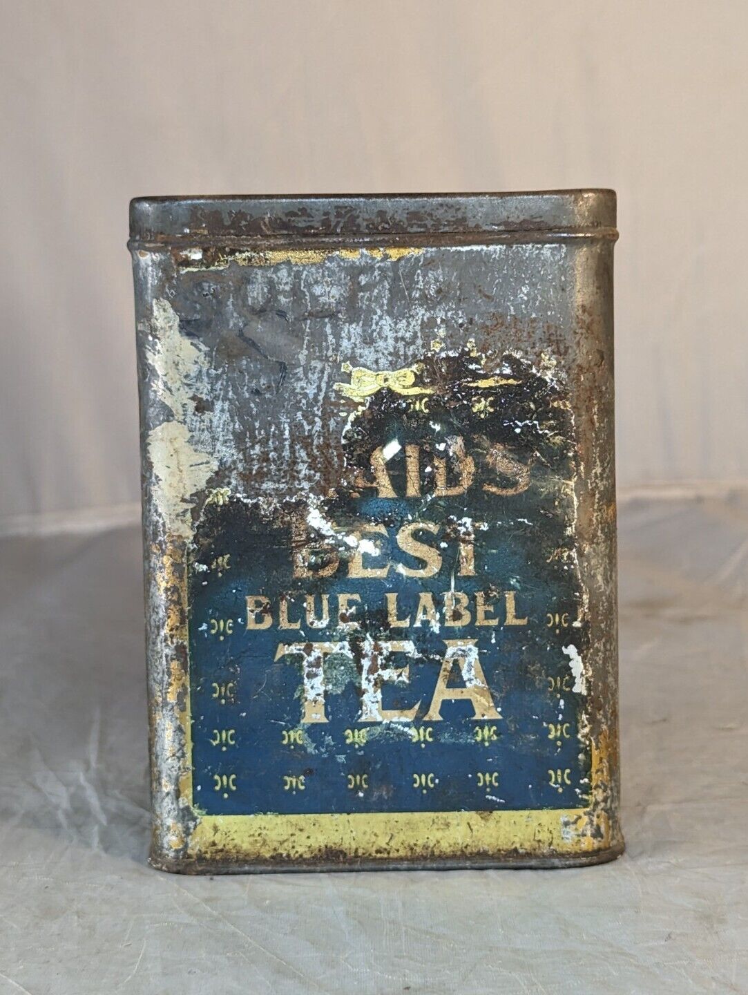Rare Vintage Braids Best Blue Label 1 lb Tea tin can Braid Tuck and Co