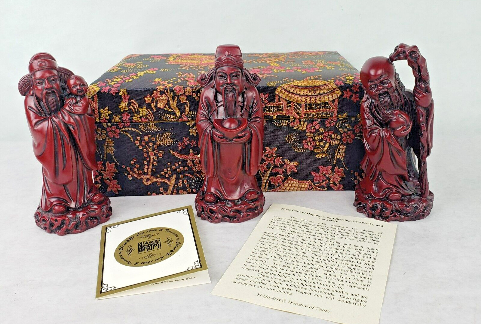 Yi Lin Arts & Treasures of China \'Three Gods\' Figurines in Original Brocade Box